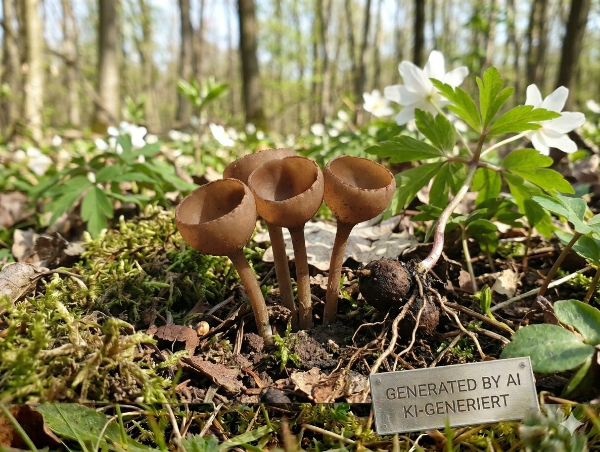 Anemonenbecherling - Bild exemplarisch, KI generiert. Wichtig - der Anemonenbecherling wächst nicht auf Holz und ist gestielt. 
