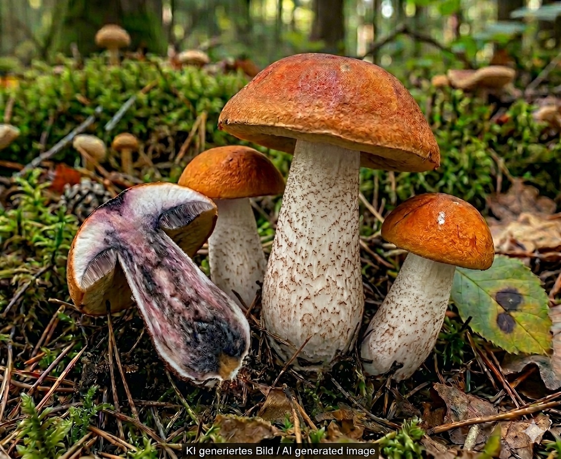 Espen-Rotkappe - Bild exemplarisch, KI generiert. Die Schüppchen auf dem Stiel sind orangebraun bis rotbraun und etwas abstehend. Das Fleisch ist schwarz verfärbend. Der Standort hauptsächlich unter Espen, ggf. auch unter Pappeln. 
