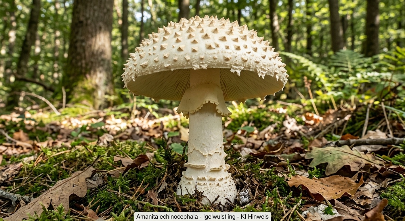Igel-Wulstling - Bild exemplarisch, KI generiert. Der Igel-Wulstling (aus der Familie Amanita) hat eine auffällige Hutstachelung (von der KI ein wenig überzeichnet - aber dennoch auch real sehr markant ausgeprägt). 