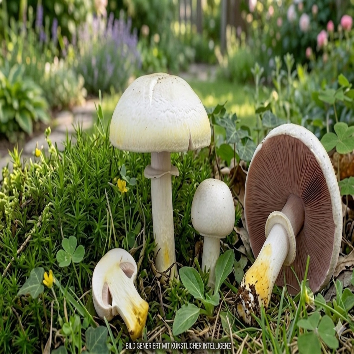 Karbol-Egerling - Bild exemplarisch, KI generiert. Der Pilz hat zwei entscheidene Merkmale die ihn von den essbaren Champignons unterscheidet. Einmal die intensive chromegelbe Färbung auf Druck oder Reiben (insbesondere an die Stielbasis und Hutoberfläche erkennbar) und der extreme Geruch nach Karbol (spätestens im Kochtopf sollte man es dann merken)