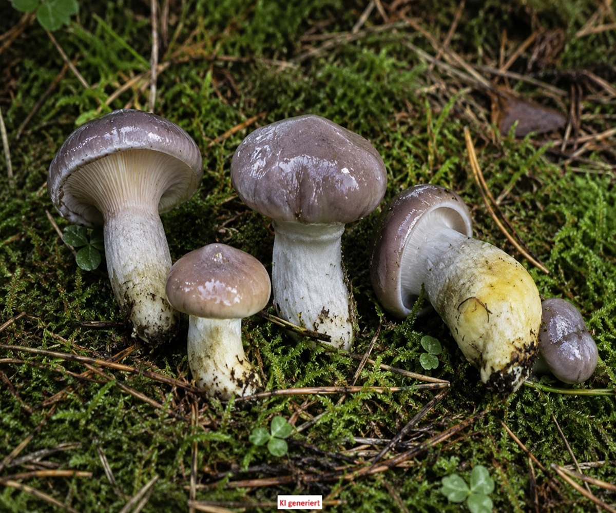 Kuhmaul - Bild exemplarisch, KI generiert. Sehr markant ist der Übergang von Stiel in Hut bei diesem Pilz. Wichtiges Bestimmungsmerkmal bei diesem Pilz sind auch gelbliche Verfärbungen am Stiel. 