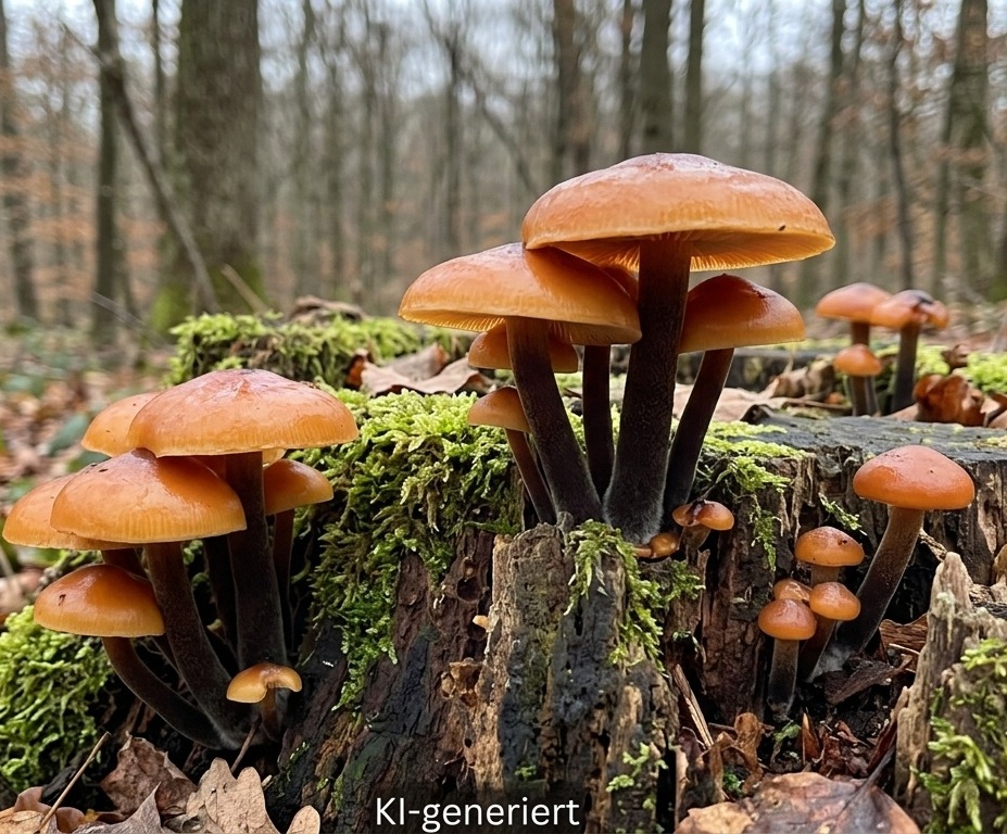 Samtfußrübling - Bild exemplarisch, KI generiert. Das Wachstum ist büschelig auf Holz. Wichtiges Erkennungszeichen dabei ist der dunkel gefärbte Stiel. 