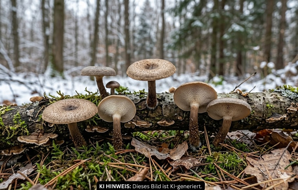 Winter-Stielporling - Bild exemplarisch. KI generiert. Der Pilz kommt in den kälteren Monaten des Jahres vor. Er hat eine schuppige Oberfläche und rundliche Poren. 